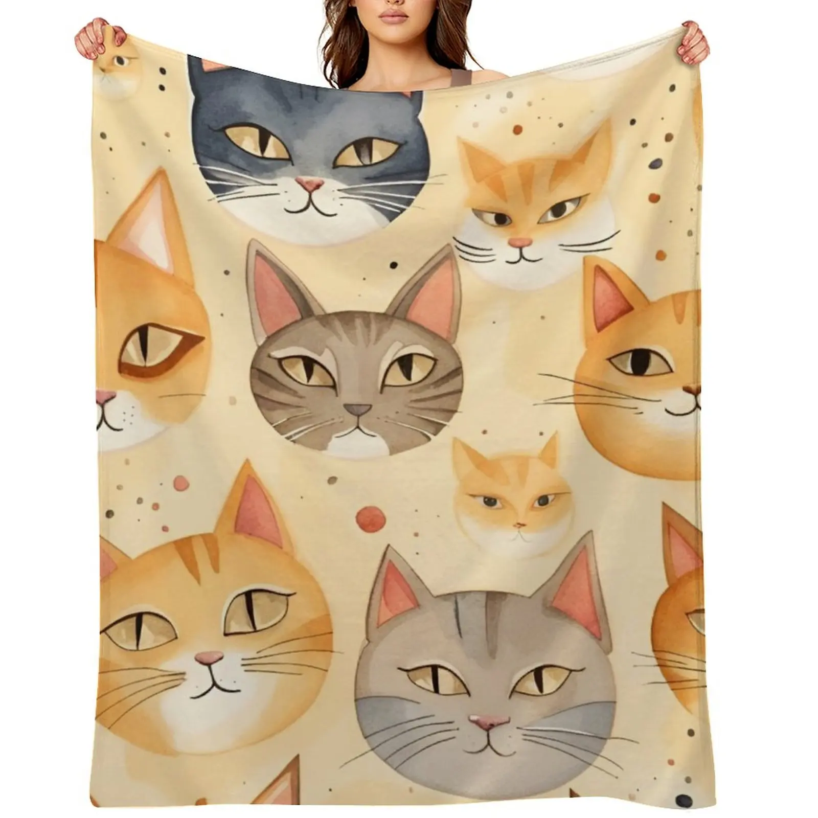 

Watercolor Cartoon Cat Faces Throw Blanket for winter Decoratives Picnic Luxury St Blankets