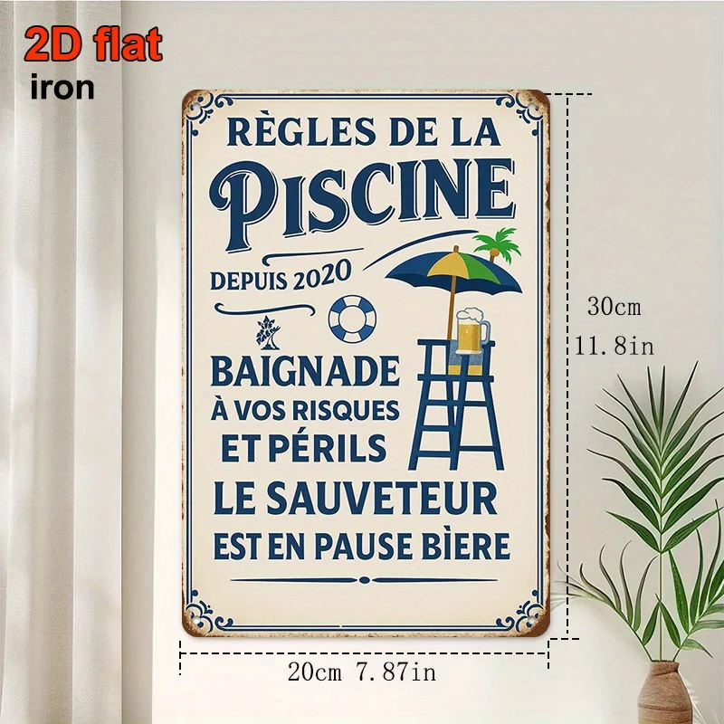 Vintage French Pool Rules Metal Sign Retro French Swimming Pool Plaque with Lifeguard Tower,For Bars, Bathrooms, Beach House