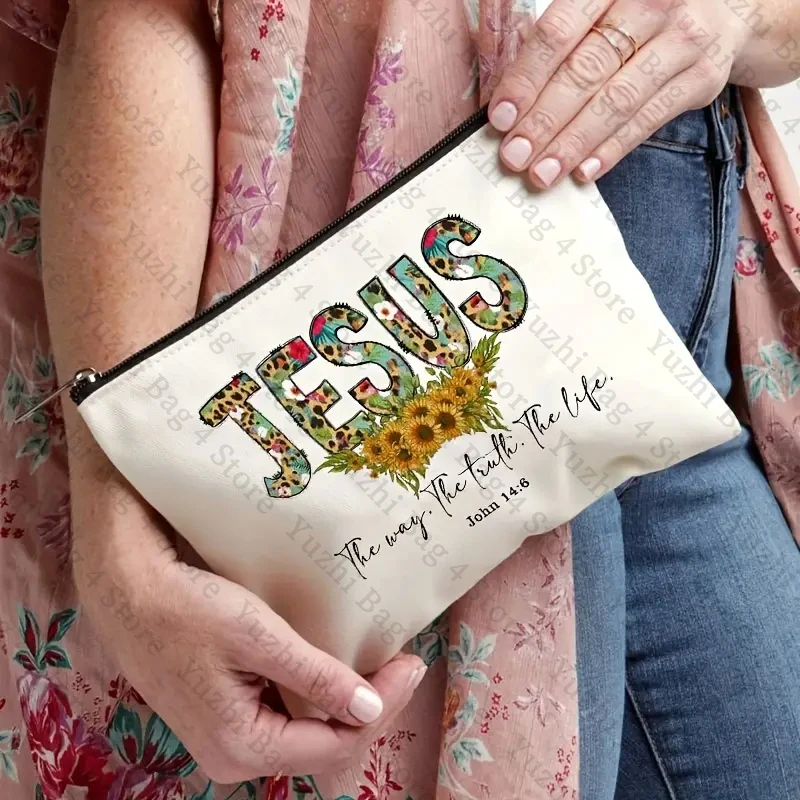 Inspirational Sunflower Leopard Print Jesus Decor Makeup Bag Christian Gifts for Women Faith Cosmetic Case Bible Scripture Decor