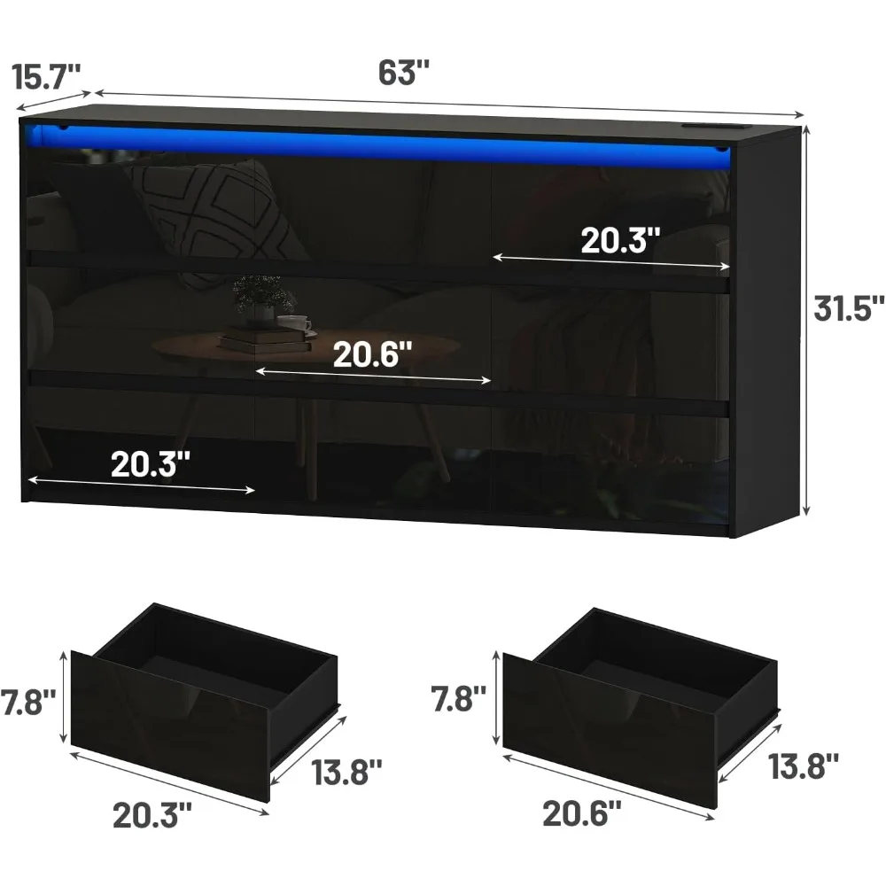 Black TV Stand, Storage Cabinet with 9 Drawers for Bedroom Modern Large High Gloss Cabinet for Living Room Office(63