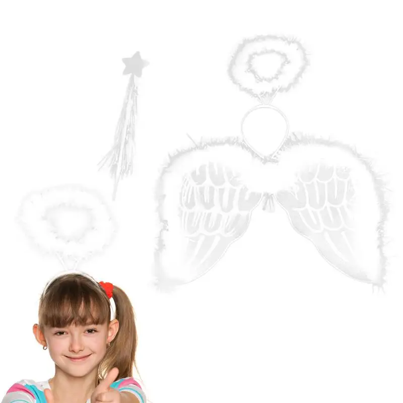 Kids Angel Wings Costume Set Feather Fairy Wings With Elastic Straps Includes Fairy Wand And Headband For Dress Up Role Play