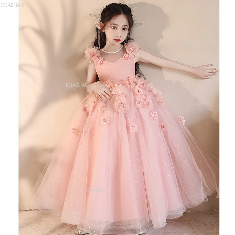 Girls Pink Floral Princess Party Dress Children Flower Gown for Kids Host Piano Performance Pageant Evening Clothes Girl Wedding