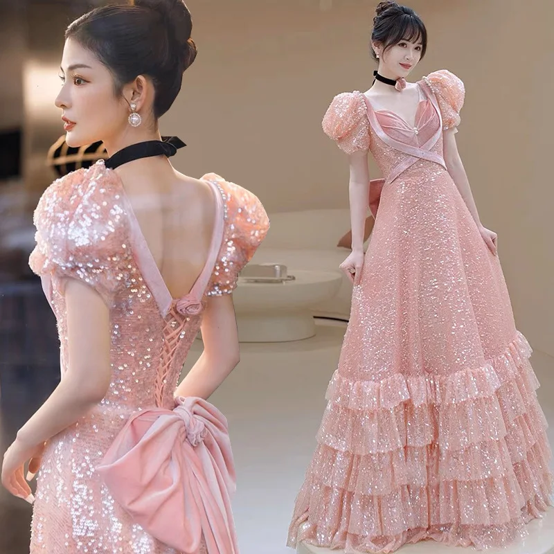 

Shiny Pink Luxury Celebrity Dresses Puff Sleeve Sequin Backless Slim Pearl Princess Bow Formal Party New Evening Prom Gowns 2024