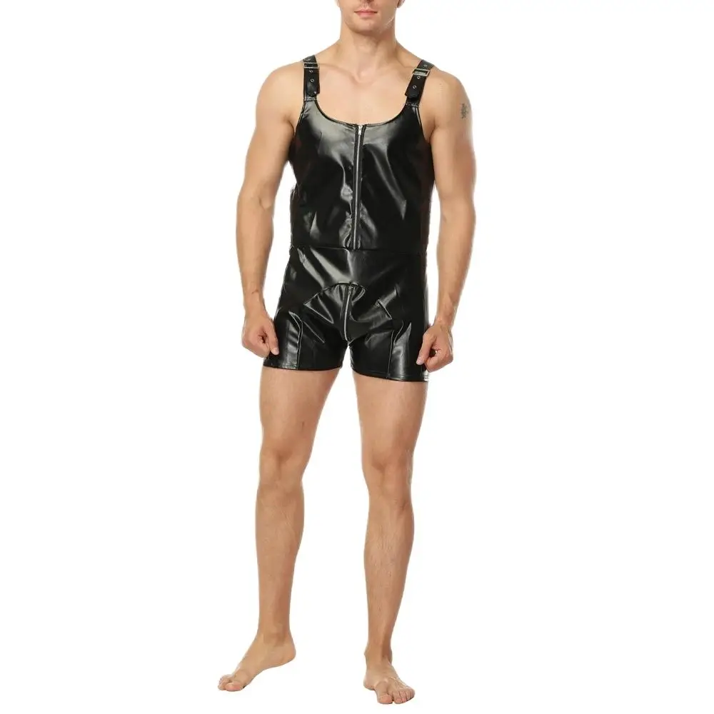 Men's Faux Leather Erotic Tank Top Sleeveless Fetish Costume Rompers Men Fashion Zipper Shirts Clothing 2024 Sexy Pu Bodysuits