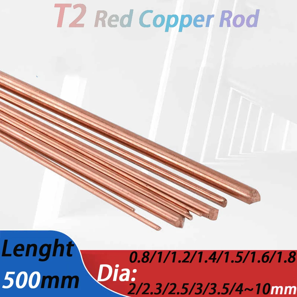 1/3/5Pcs Length 500mm T2 Red Copper Rod Dia 0.8/1/1.2/1.4/1.5/1.6/1.8/2/2.3/2.5/3/3.5-10mm Copper Electrode Round Stick Bar DIY