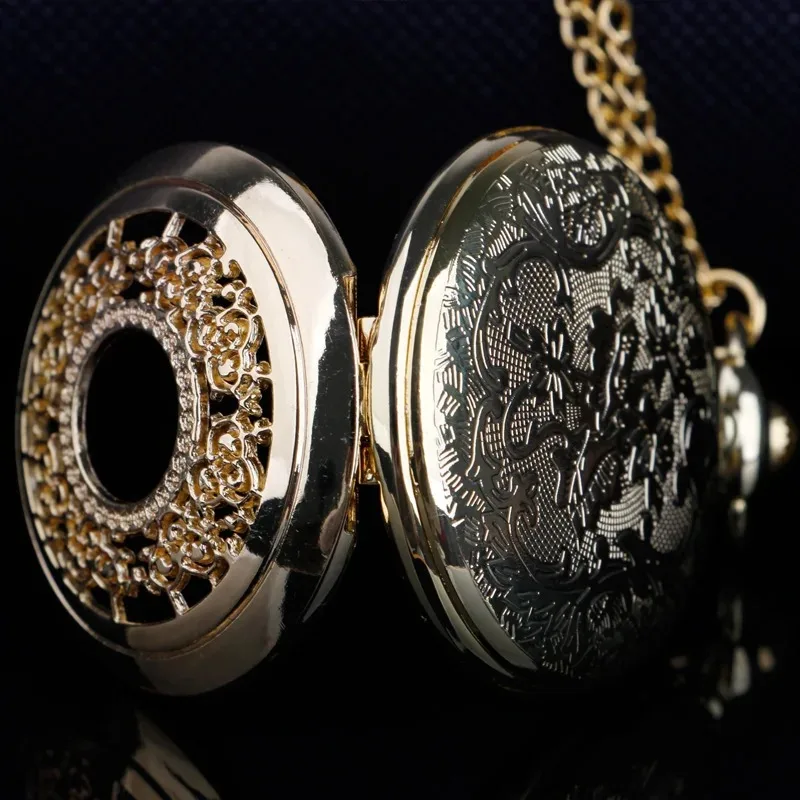 高級デザインゴールドクォーツ懐中時計ゴールドメッキケースレトロ男性女性のネックレスチェーン懐中時計ファッションギフト