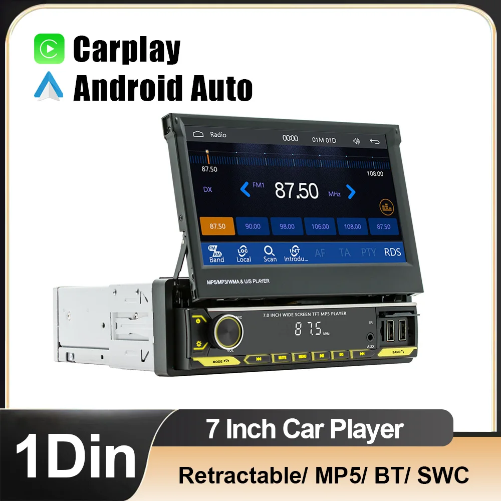 7-inch 1Din HD Touch Retractable Screen Car MP5 Multimedia Player Wireless/Wired Carplay Android Auto BT SWC USB Charging