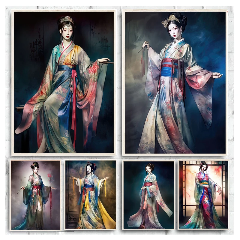 Ancient China Elegance Hanfu Girls Colorful Silk Poster Canvas Painting Prints Wall Art Pictures for Living Room Home Decor