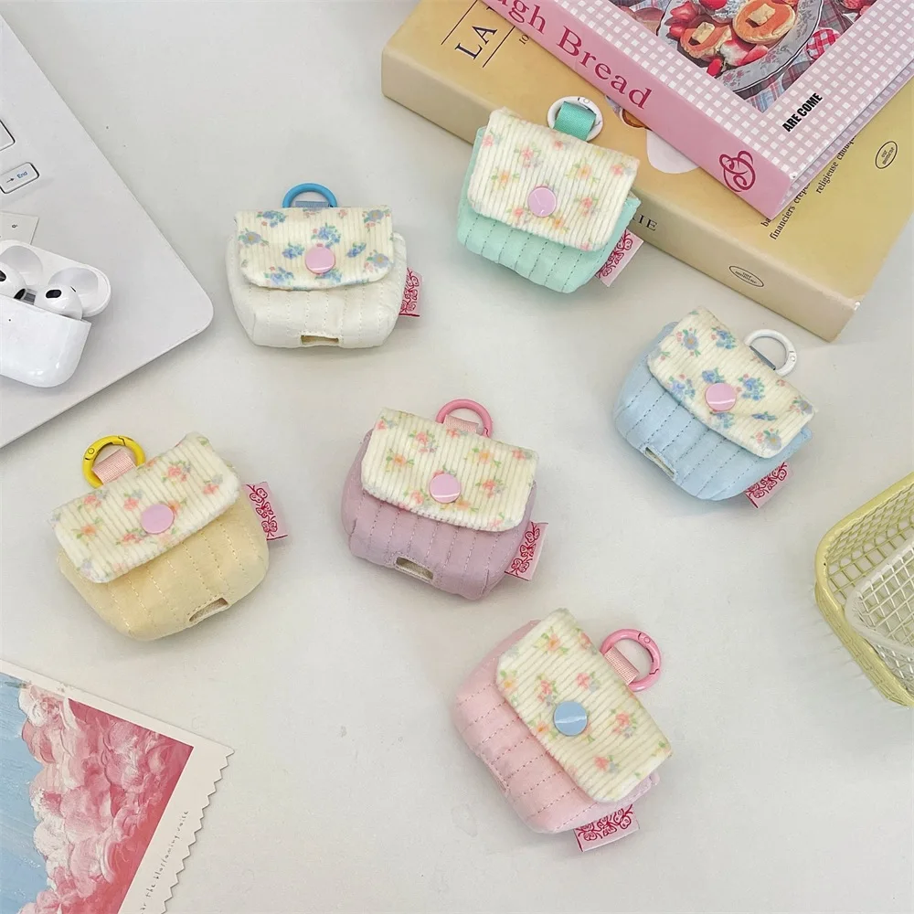 Floral Print Snap Button Earphone Pouch Cute Color Block Fabric Mini Earbuds Storage Bag with Keychain Travel Earbuds Organizer