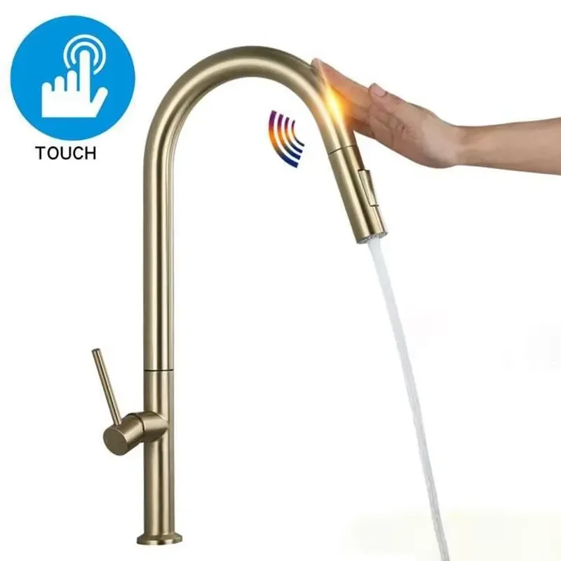 Smart Touch Sensor Kitchen Sink Faucet Single Handle Stainless Steel Drop Down Sprayer Modern High Arc Pull Out Tap