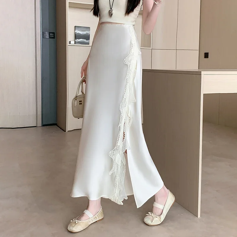 

Pop Korean Ladies Elegant Lace Stitching Package Hip Skirt Women Spring Summer Fashion Satin Long Skirts OL Femme Midi Skirts