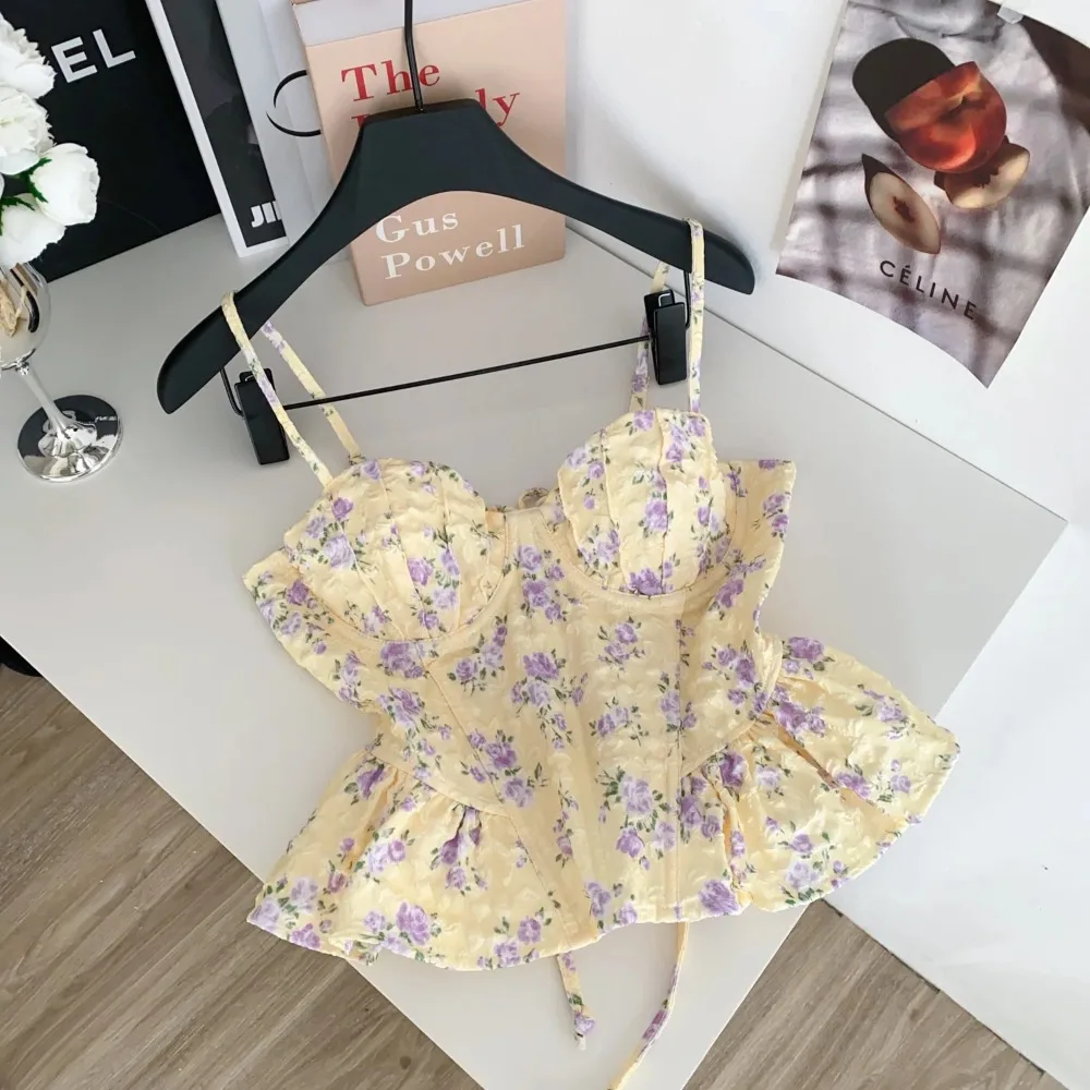  Slim  Corset ruffle print Chic Korean Camis Tank Top Basic Fashion Off Shoulder Summer Women Clothing
