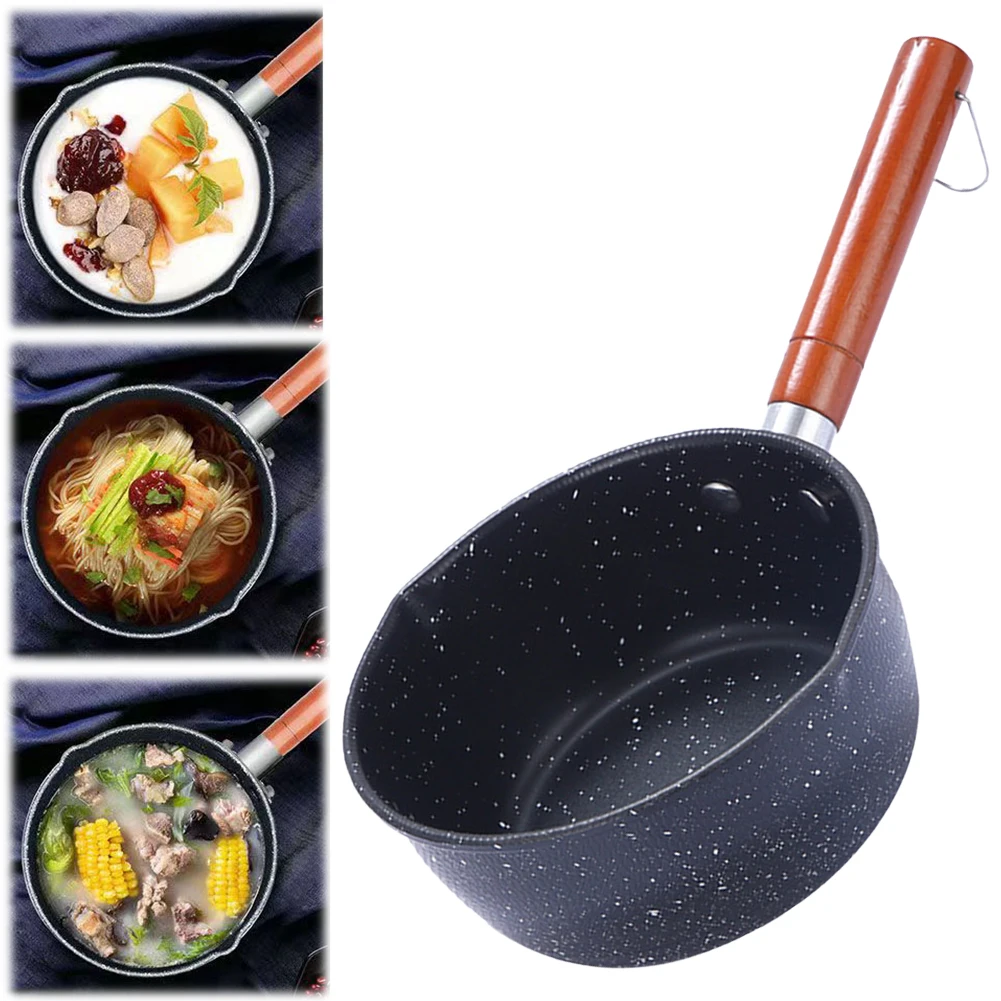 

Non-Stick Sauce Pan Soup Pot with Pour Spout Milk Saucepan Wooden Handle Stick Proof Sauce Pan 14cm for Home Kitchen