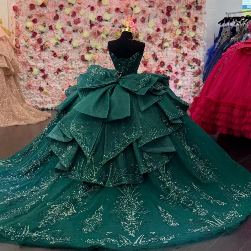 Dark Green Glitter Quinceanera Dresses Off Shoulder Ball Gown Sweet 16 Dress Applique Beads Tull Party Birthday Vestidos 15 De