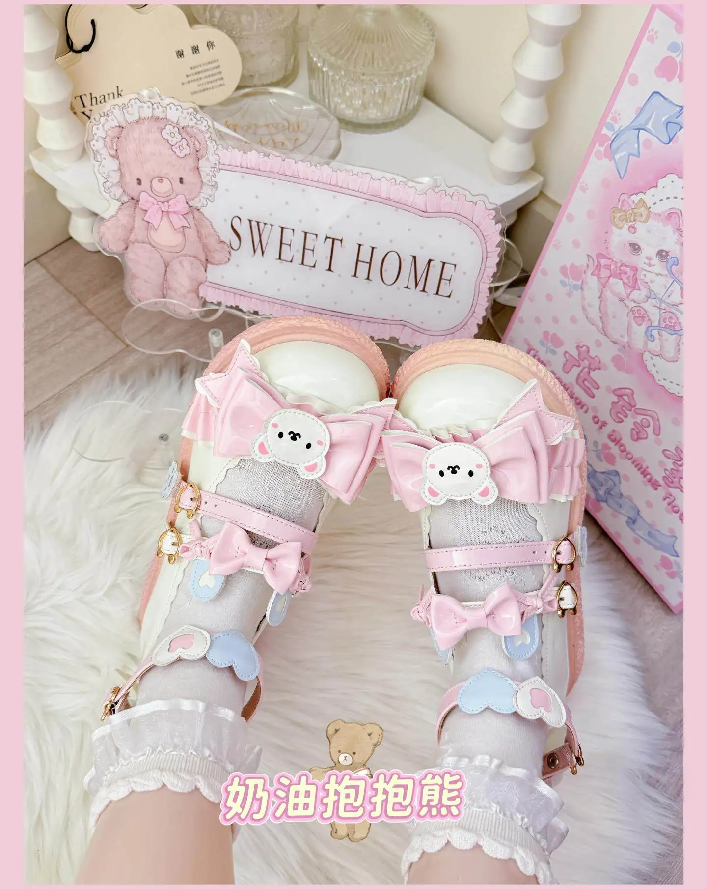 Japanese Kawaii Original Lolita Bow Bear Flat Shoes Soft Girl Sweet Cute Mary Jane Shoe Bow Round Head Lo Single Shoes for Women