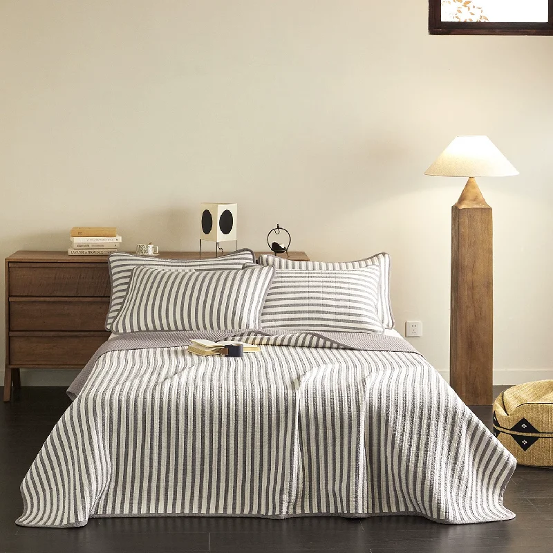 Class A 100% Cotton Quilt Set 3-Piece, Yarn-Dyed Stripe Plaid Soft Breathable Quilted Bedspread Coverlet for All Seasons