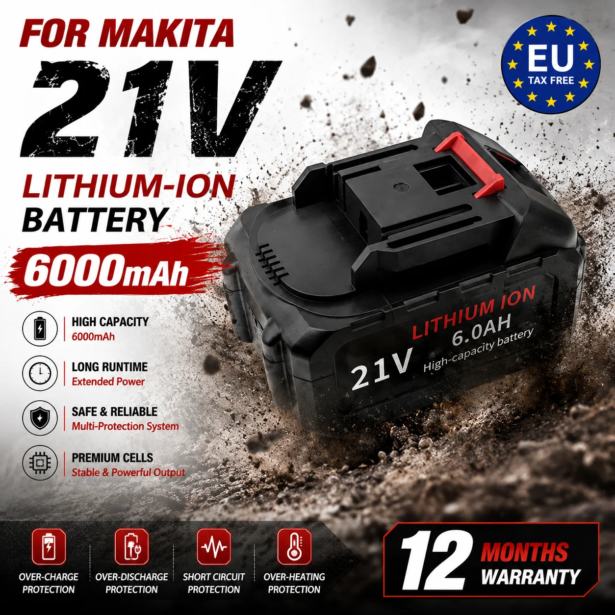 EU-Lager für Makita 21V Li-Ionen-Akku 6000mAh 12000mAh Hochleistungs-Schnellladeakku, sicherheitszertifizierter Ersatzakku für Makita DDF487 Elektrobohrschrauber, Elektrowerkzeuge, schneller Versand
