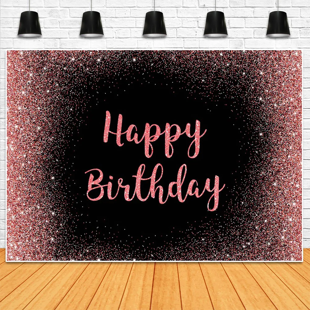 Mocsicka-Fondo de feliz cumpleaños para mujer y niña, cartel personalizado negro, lunares rosas brillantes, decoración de fiesta de cumpleaños