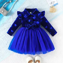 Toddler Girls Autumn Winter Dresses Long Sleeve Bowknot Prints Tulle Patchwork Dresses Princess Clothes Kids Girls Fleece Dress