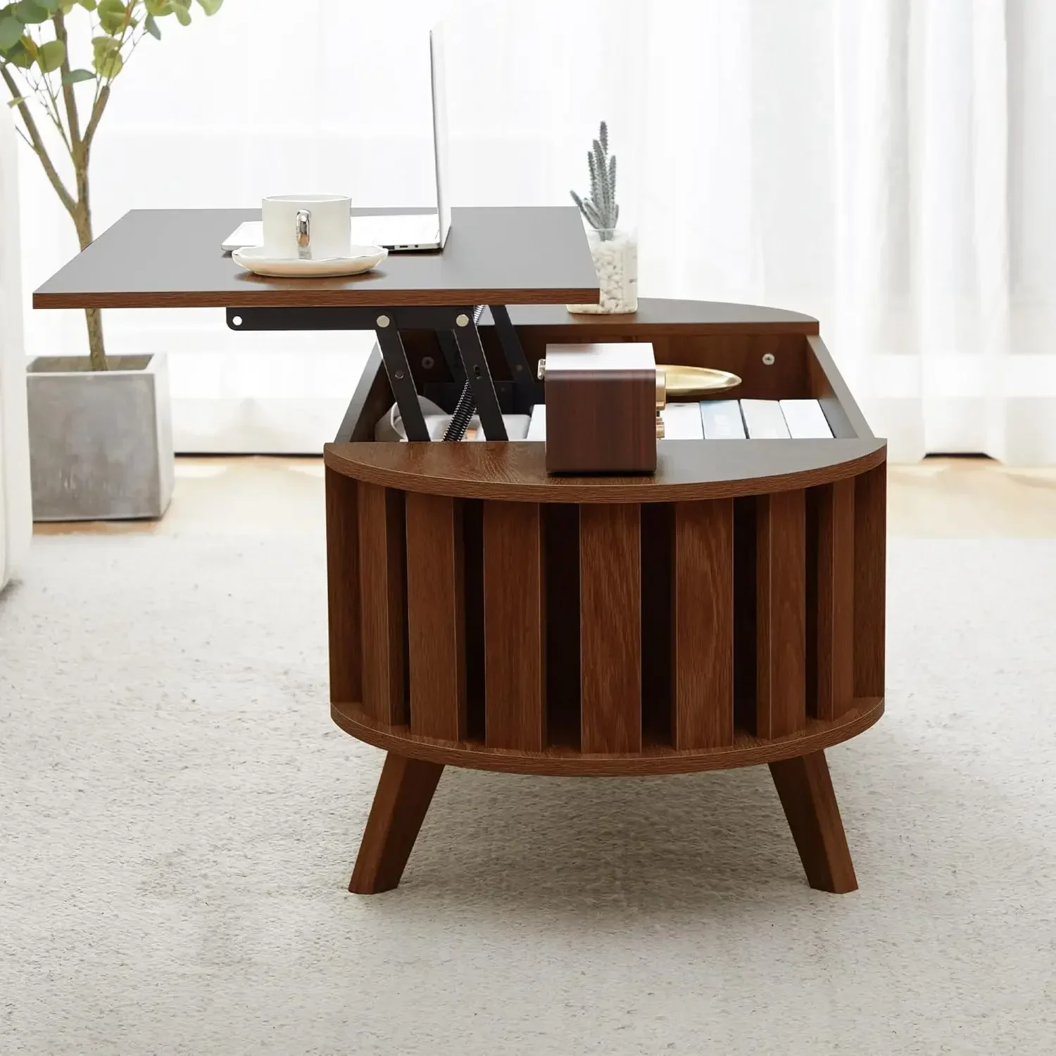 Mesa de centro con tapa elevable de madera con almacenamiento oculto, mesa elevadora ovalada de 47,24 pulgadas, mesa de té baja con diseño de perfil curvo