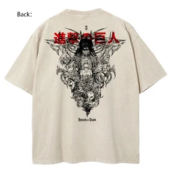 Fashion Streetwear Black Washed Vintage Tshirt Anime Attack On Titan Graphic Print Oversized T-Shirt Summer Casual Cotton Tshirt