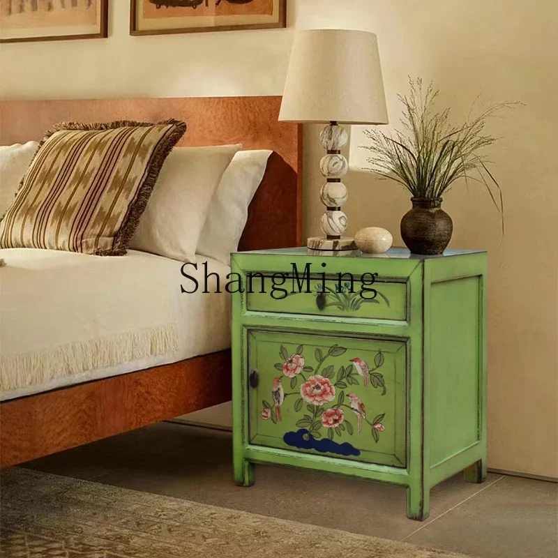 

SM Chinese Antique Painted Bedside Table Solid Wood Modern Storage Home Bedroom Bedside Storage Cabinet
