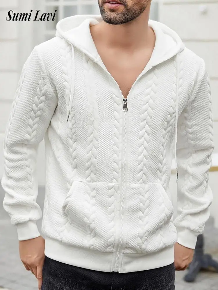 

Весенне-осенняя новая повседневная мужская куртка с капюшоном, пальто, стильный однотонный жаккардовый кардиган, топы, мужские модные куртки на молнии с завязками