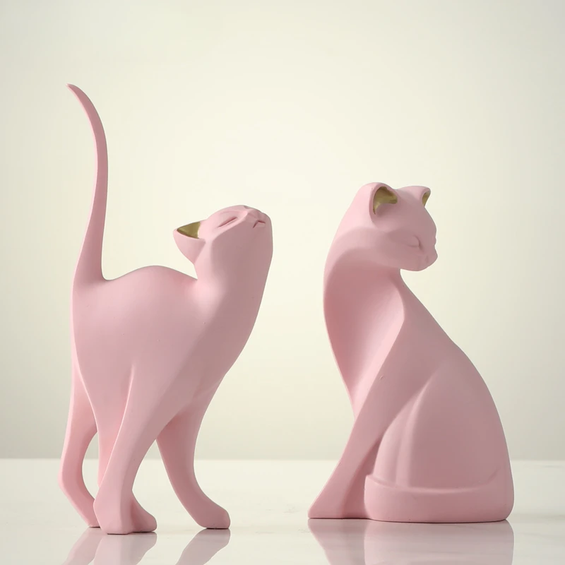 Pink Cat Nordic Miniatures Modern Living Room Vestibule Wine Cabinet Figurines Advanced Bionic Art Home Decor Statuette FYFM