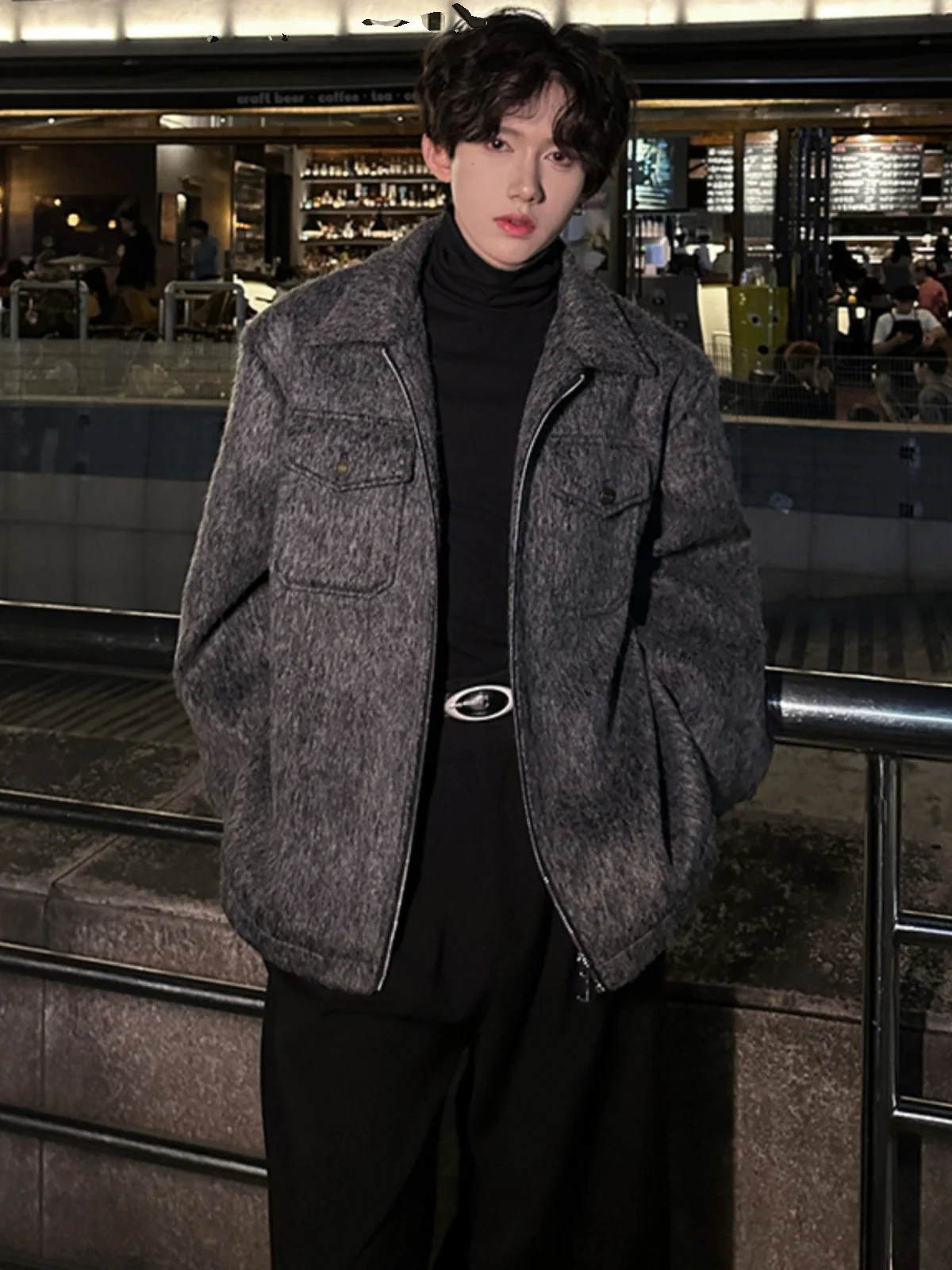 

Men's ort Woolen Jaet Sli Notch Collar Workwear Coat k ey Flannel Loose Fit Youthful Trend Winter Outerwear