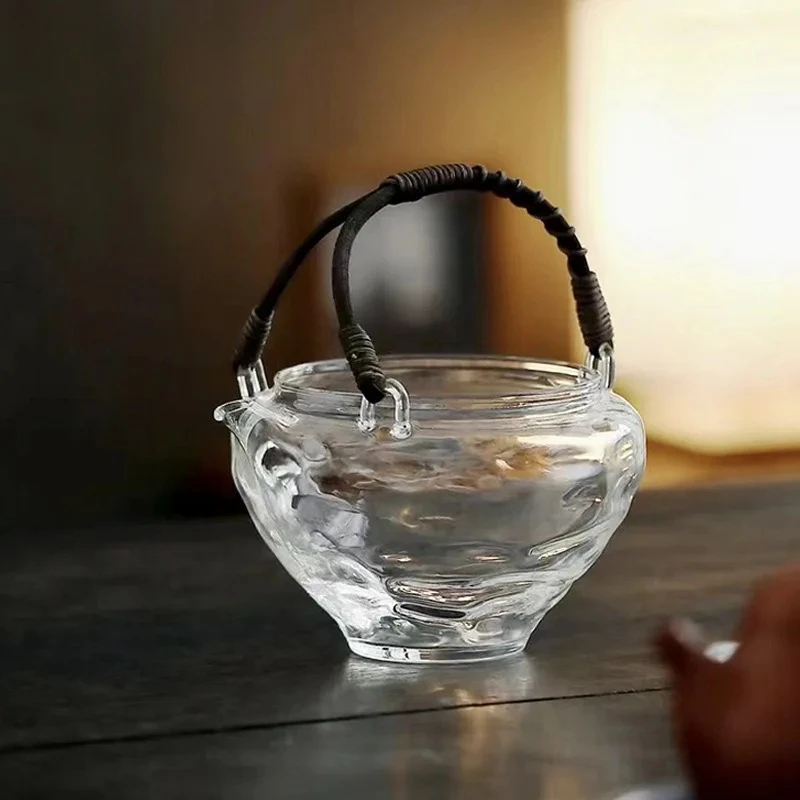 450ml Handmade Rattan Woven Handle Tea Bowl Heat Resistant Glass Teapot Cold Brewed Green Tea Fair Cup Tea Pitcher Kettle Gifts