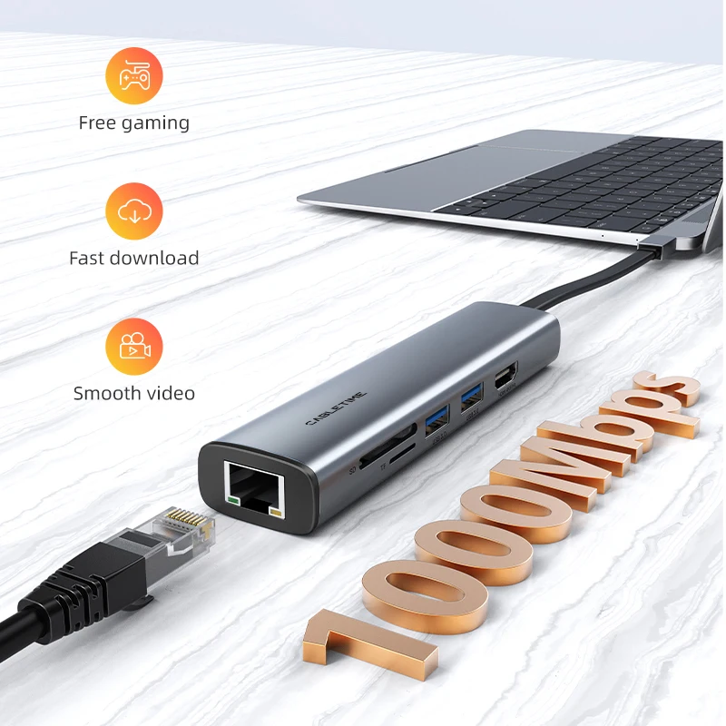 Cabletime-محور USB من النوع C ، 7 في 1 نحيف إلى 4K 60 هرتز ، HDMI ، RJ45 ، Mbps ، PD W للكمبيوتر الشخصي ، MacBook Pro ، iPad ، C محول قفص الاتهام