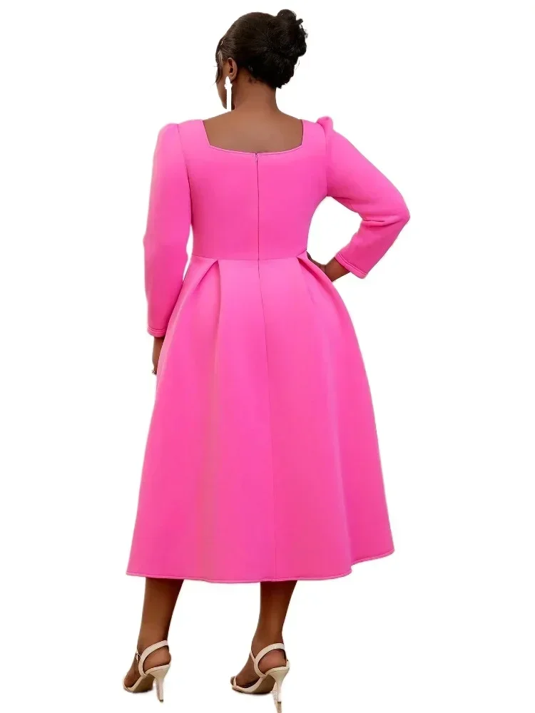 Party A Line Dresses Women Fuchsia Square Collar Bow Long Sleeves Elegant Wedding Guest Gowns Formal Celebrate Event Robes 2024