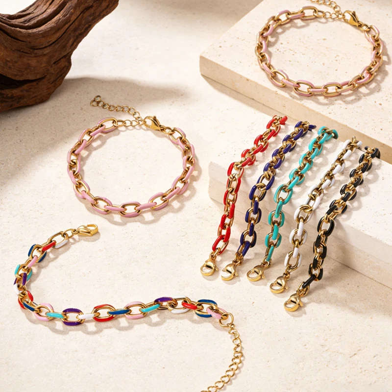 Rainbow Colorful Enamel Bracelet Gold Plated Stainless Steel Dripping Oil Thick Chain For Women Men Children Jewelry Gifts