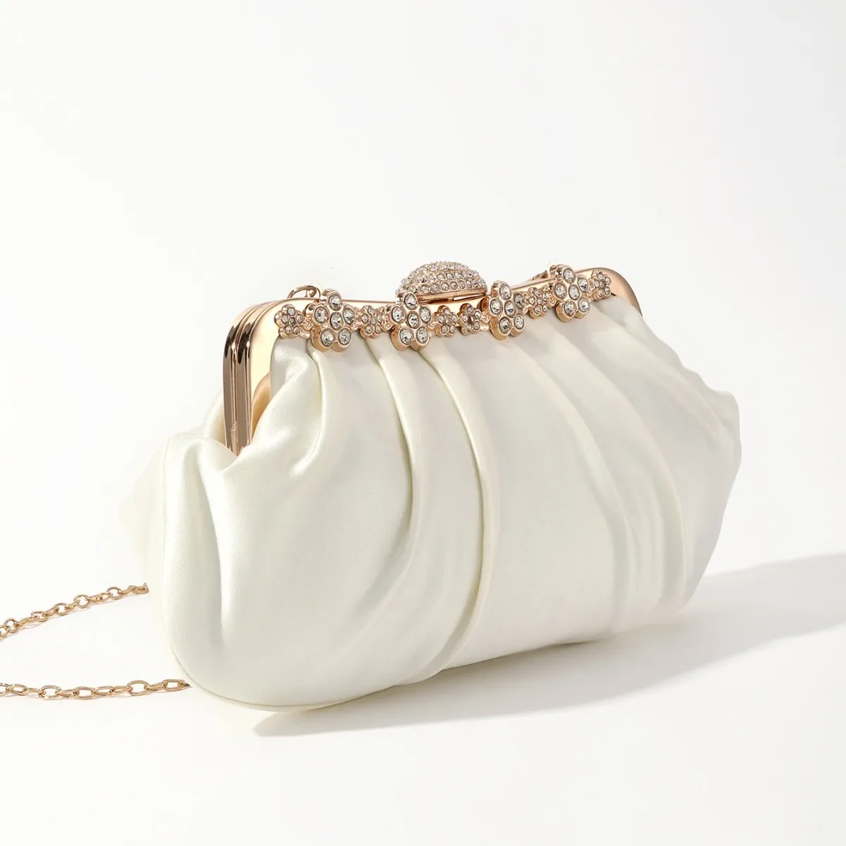White Satin Small Clutch Handbags For Women Fashion Rhinestone Inlay Party Evening Bag Daily Chain Shoulder Bag Ladies Clutches