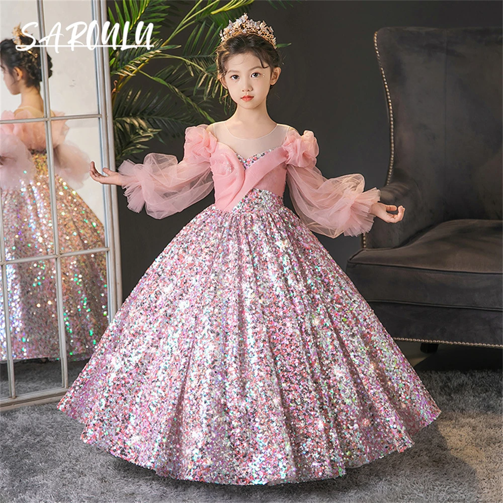 

Pink Sequined Ball Gown Formal Dress For Kids, Full Lantern Sleeves, Wedding Flower Girl Dress, Floral Party Gown