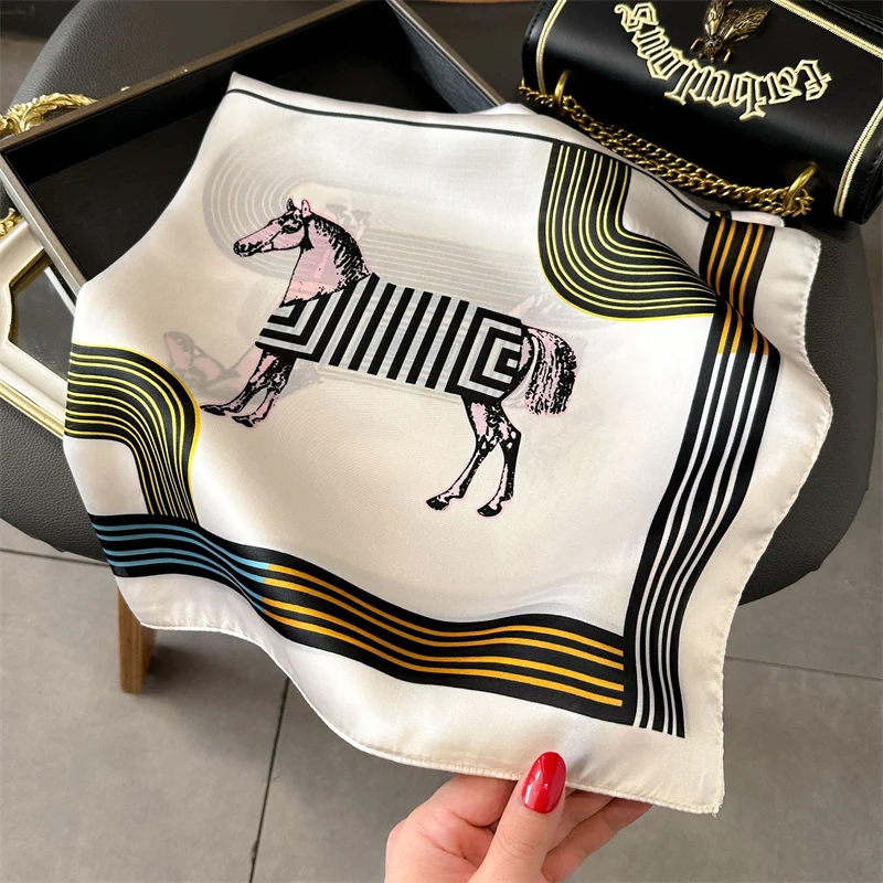 Luxury Brand Silk Shawl Square Scarf Women Horse Satin Hijab Fashion Wraps Neckerchief Female Hair Bands Ribbon Headband Bandana