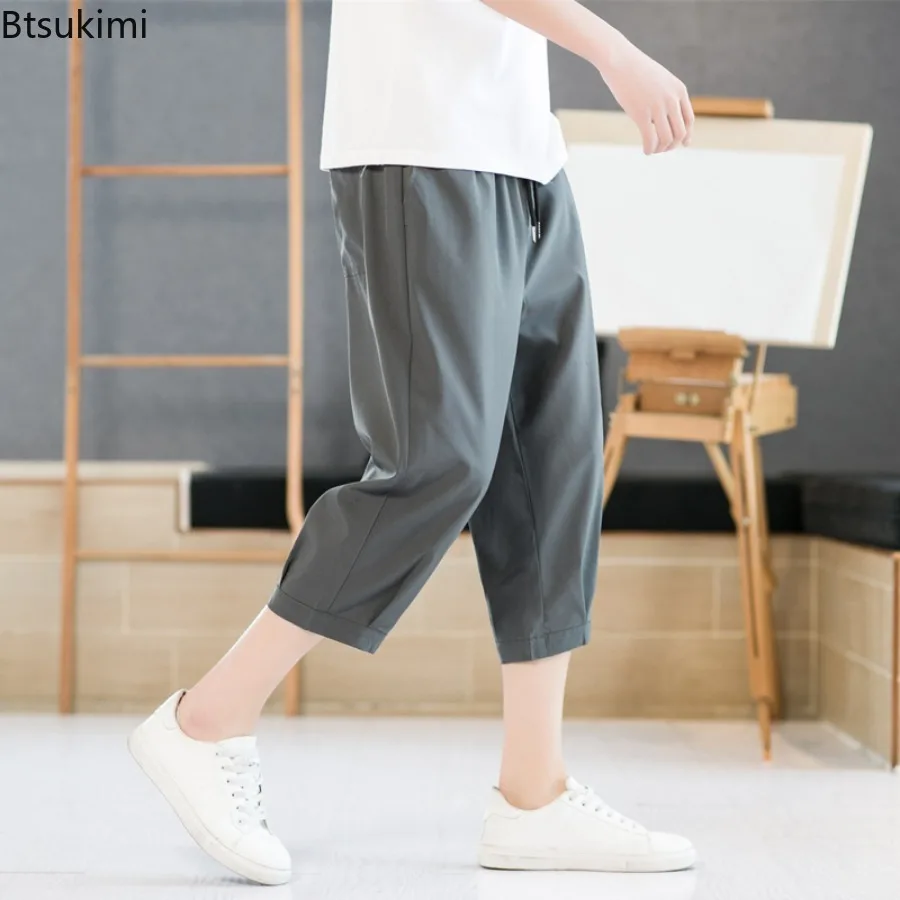 Summer New Men's Loose Casual Trousers Breathable Solid Drawstring Sport Pants Thin Style Quick Drying Joggers Men Capris Shorts