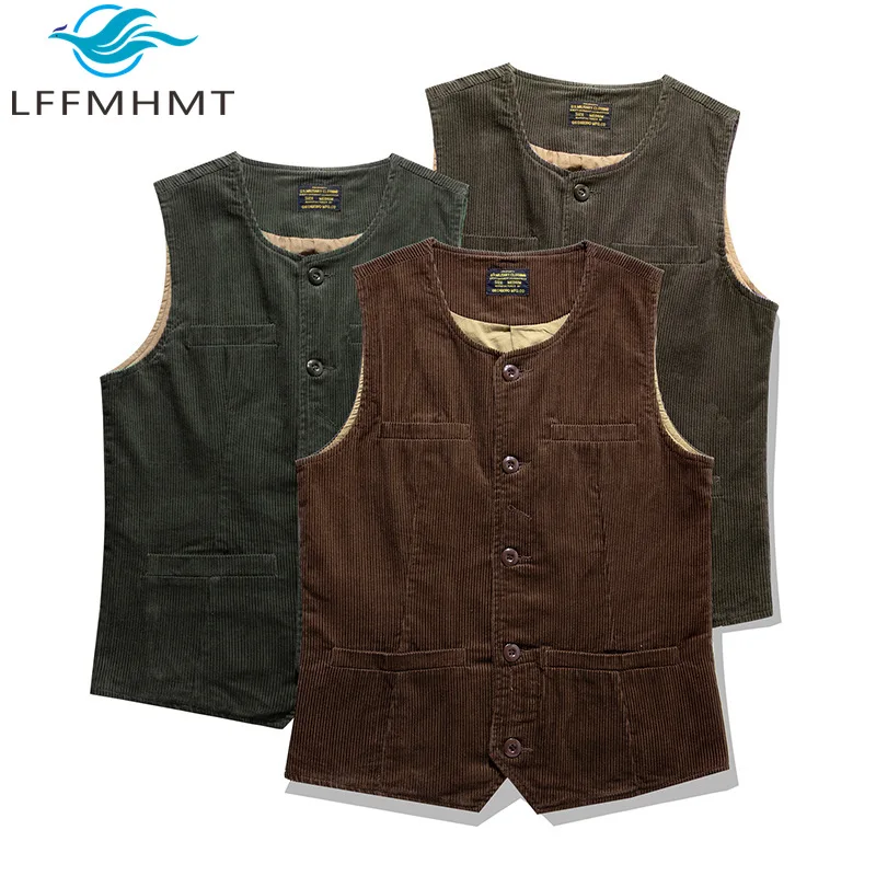 Winter Fall Vintage Thick Corduroy Cotton Premium Vest European American Style Solid Color Multi Pockets Railway Work Waistcoats