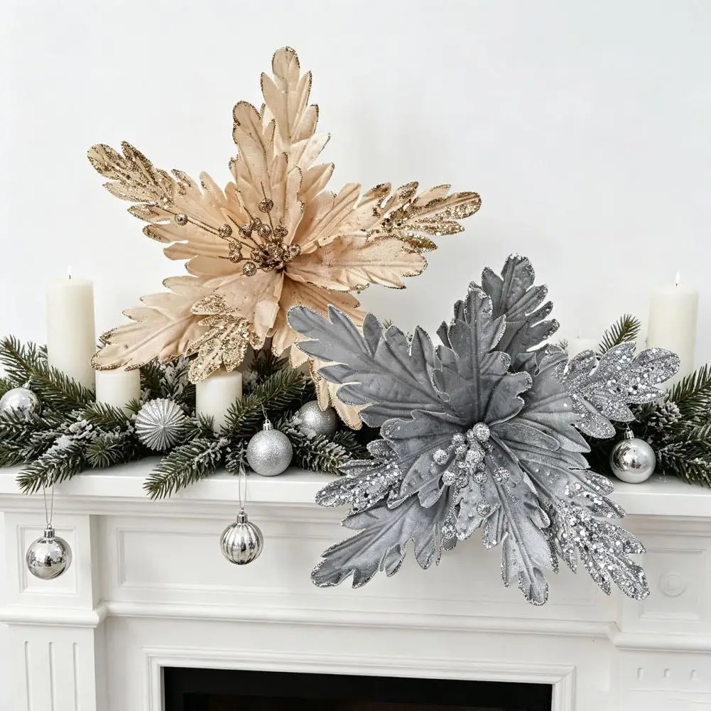Bendable Stem Artificial Christmas Flowers with Gold Powder Beads Multi-Layer Fabric Petals Glitter Decor for Home Shop Window