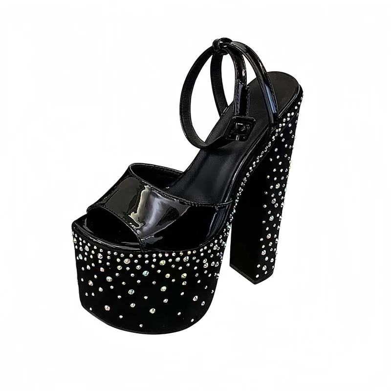

18cm Extreme High Heels Sandals Summer Black Shoes Woman Platform Chunky Heels Punk Nightclub Shoes Rhinestone Ladies Sandals