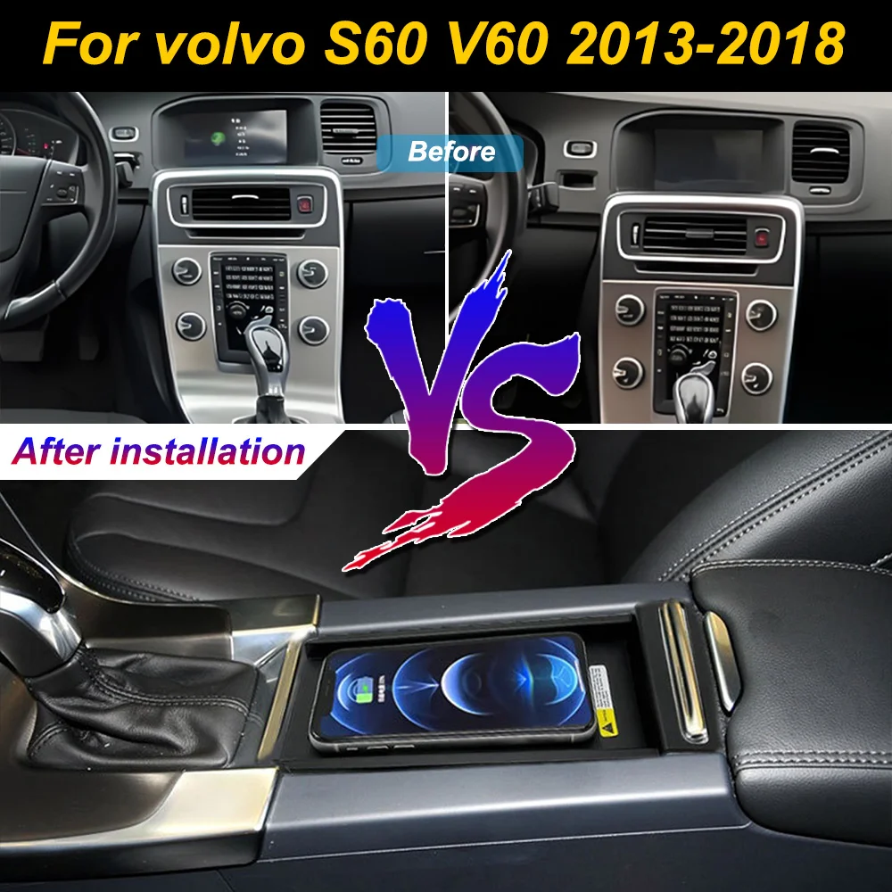 Carregador de celular sem fio 2 Din para Volvo S60 V60 2013-2018, com compartimento de armazenamento no console central, placa de carregamento rápido 
