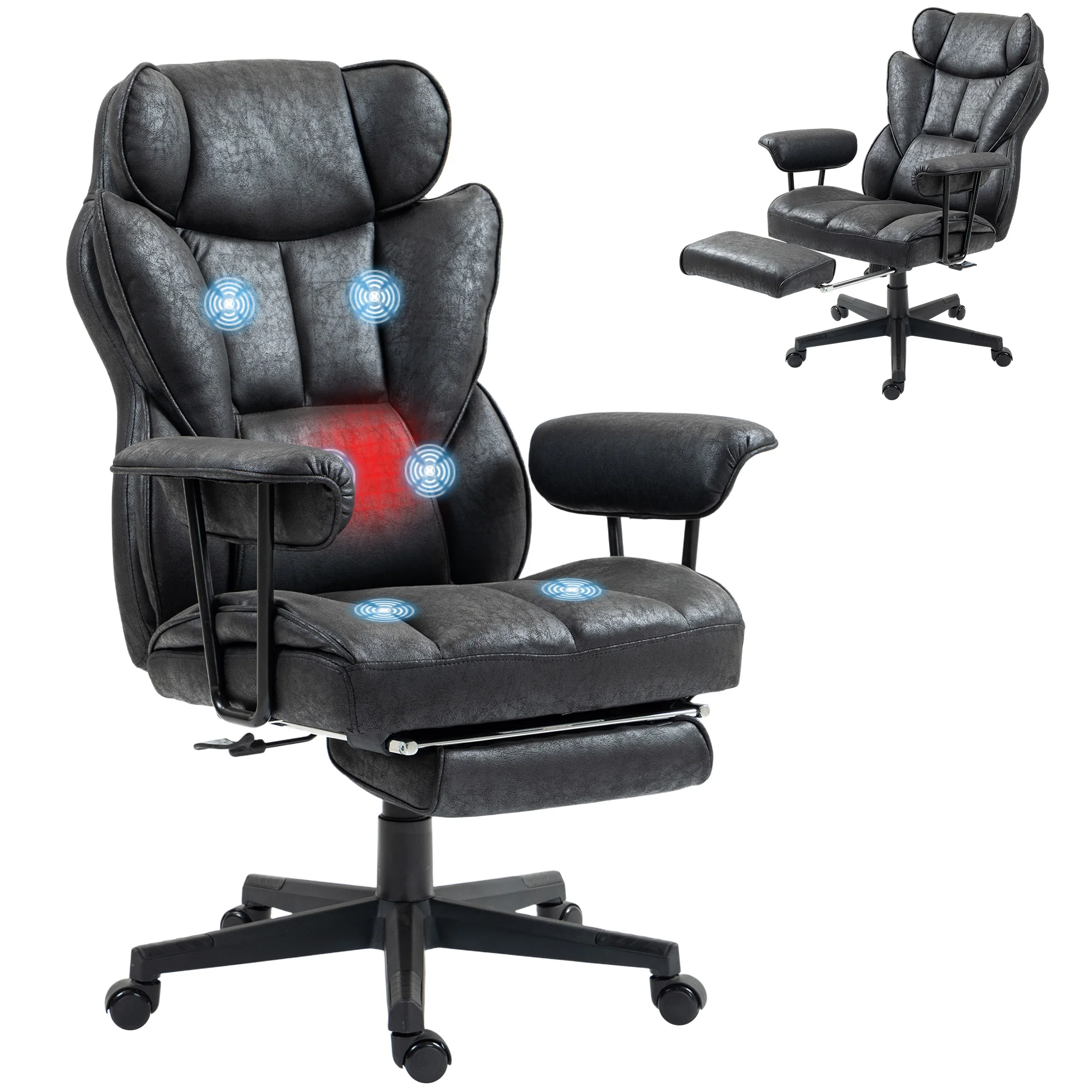 HOMCOM 400LBS Big and Tall Office Chair with Footrest and Reclining Function, Fabric Heated Massage Executive Office Chair with 6 Vibration Points and Lumbar Support, Black