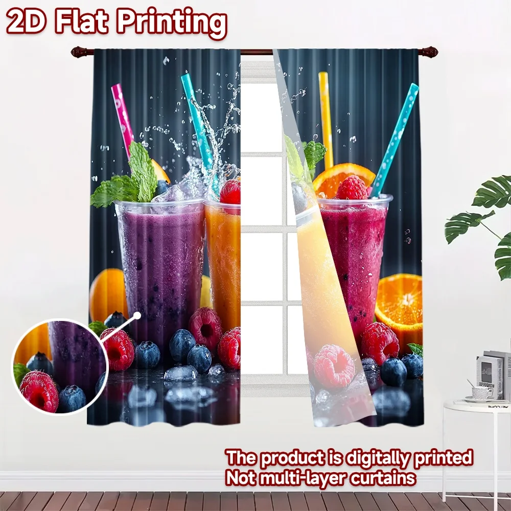 2D flat 2pcs Curtain Home Short Curtains Colorful Fruit Smoothies Splash Durable polyester fiber Family Party Decoration for All