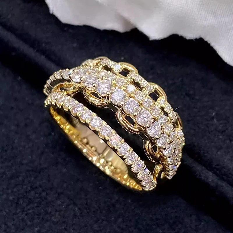 Huitan Fashion Multi Layered Design Ring Female Luxury Gold Color Wide Finger Jewelry with Bright Zirconia Chain Accessories