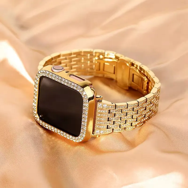 Correa de muñeca de diamante ostentoso de Lujo + funda de parachoques para Apple Watch Ultra 2 Series 9 8 7 6 5 4 SE 40mm 41mm 45mm 49mm