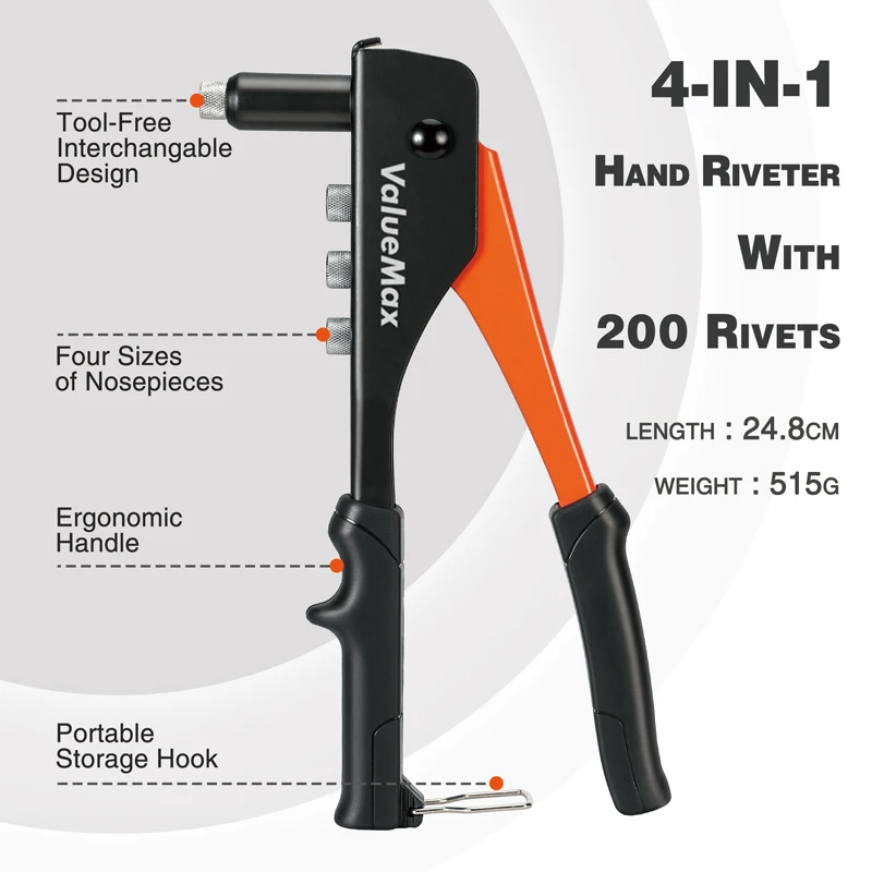ValueMax Hand Tool Riveter Set Professional Manual Rivet Gun Tool Home Repair And DIY With 200 Rivets 2.4mm 3.2mm 4.0mm 4.8mm