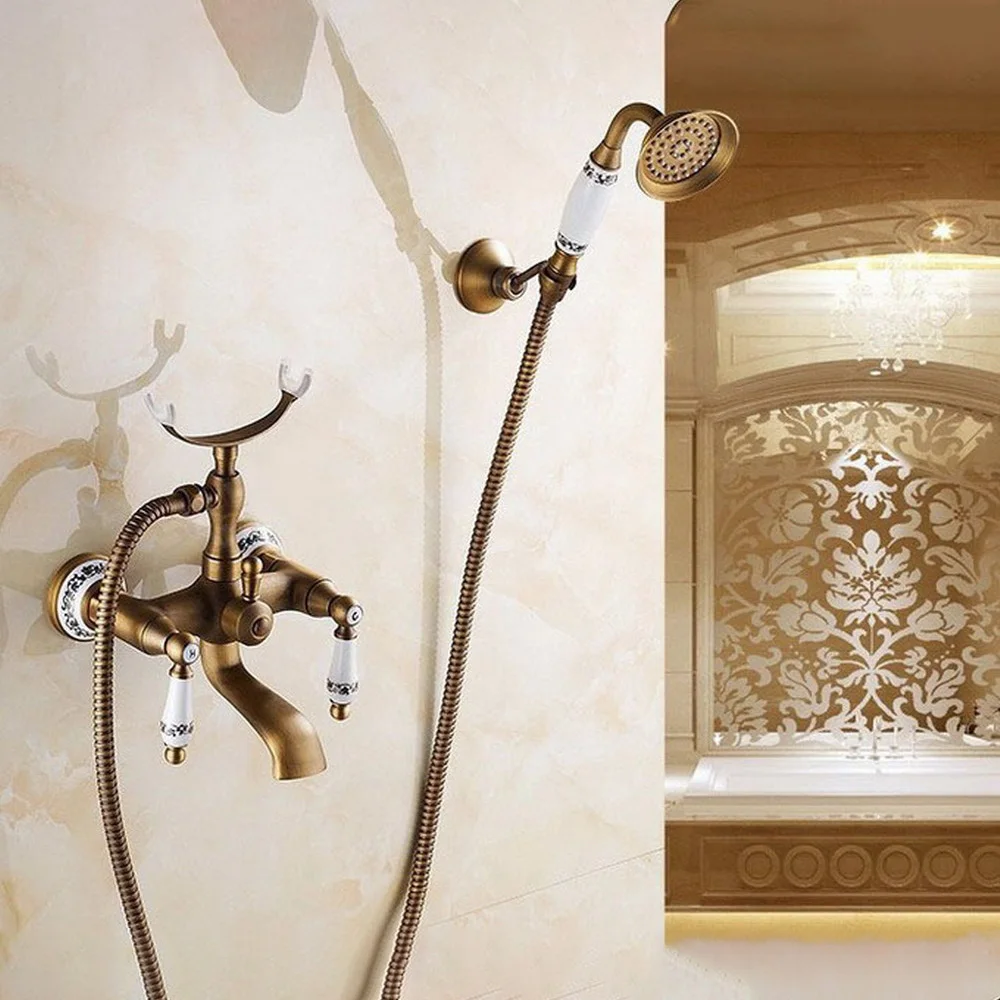 

Antique Brass Dual Handles Bathtub Faucet Set Wall Mount with Handshower Bath Shower Mixer Taps