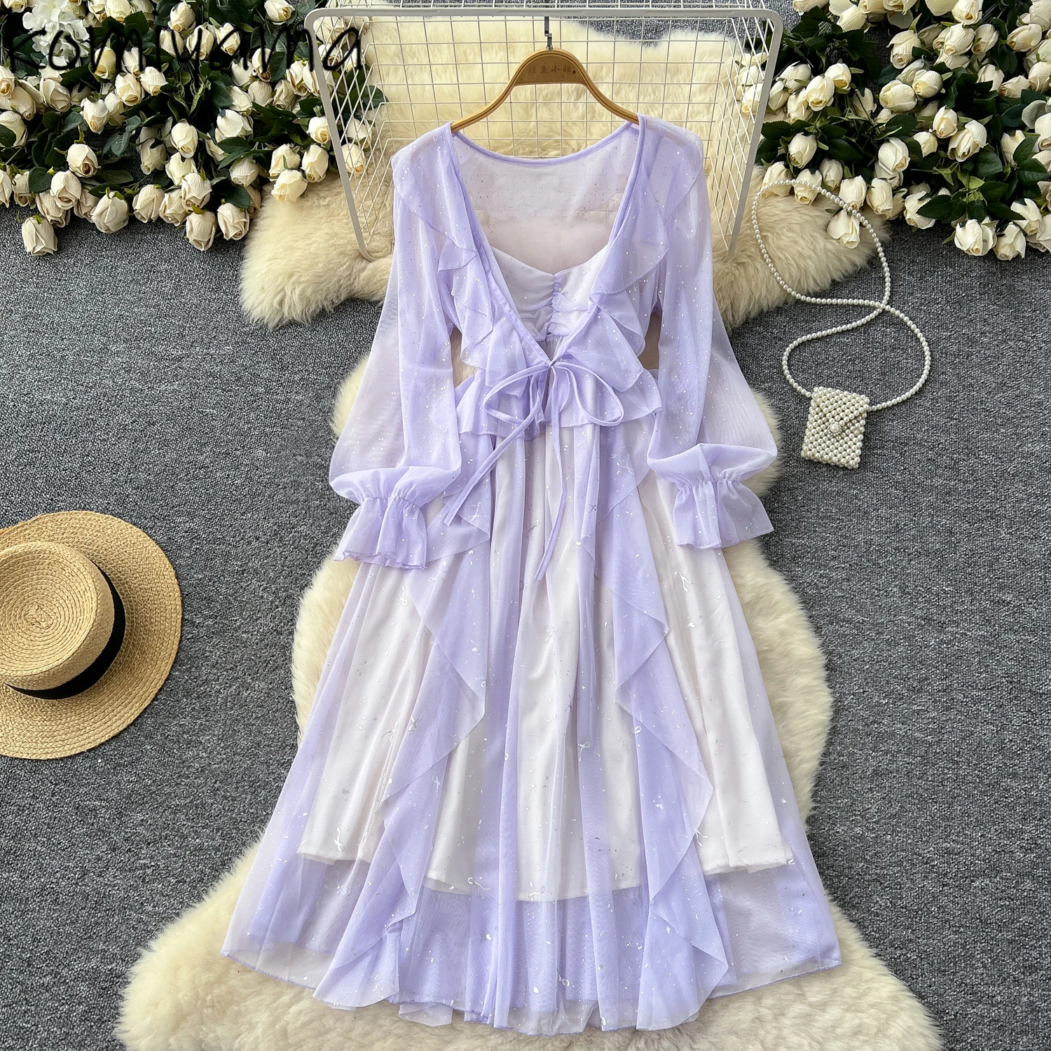 

Woman 2025 New Bling Sets Ruffles Lace-up Bow Long Sleeve Shawl Pleated Tunic Strap Dresses Spring Summer Fairy Sweet Suit