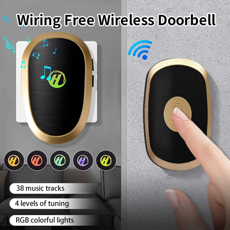 Wireless Doorbell RGB Colorful Light 38 Music Tracks 4 Level Outdoor 150M Range Kinetic Door Bell