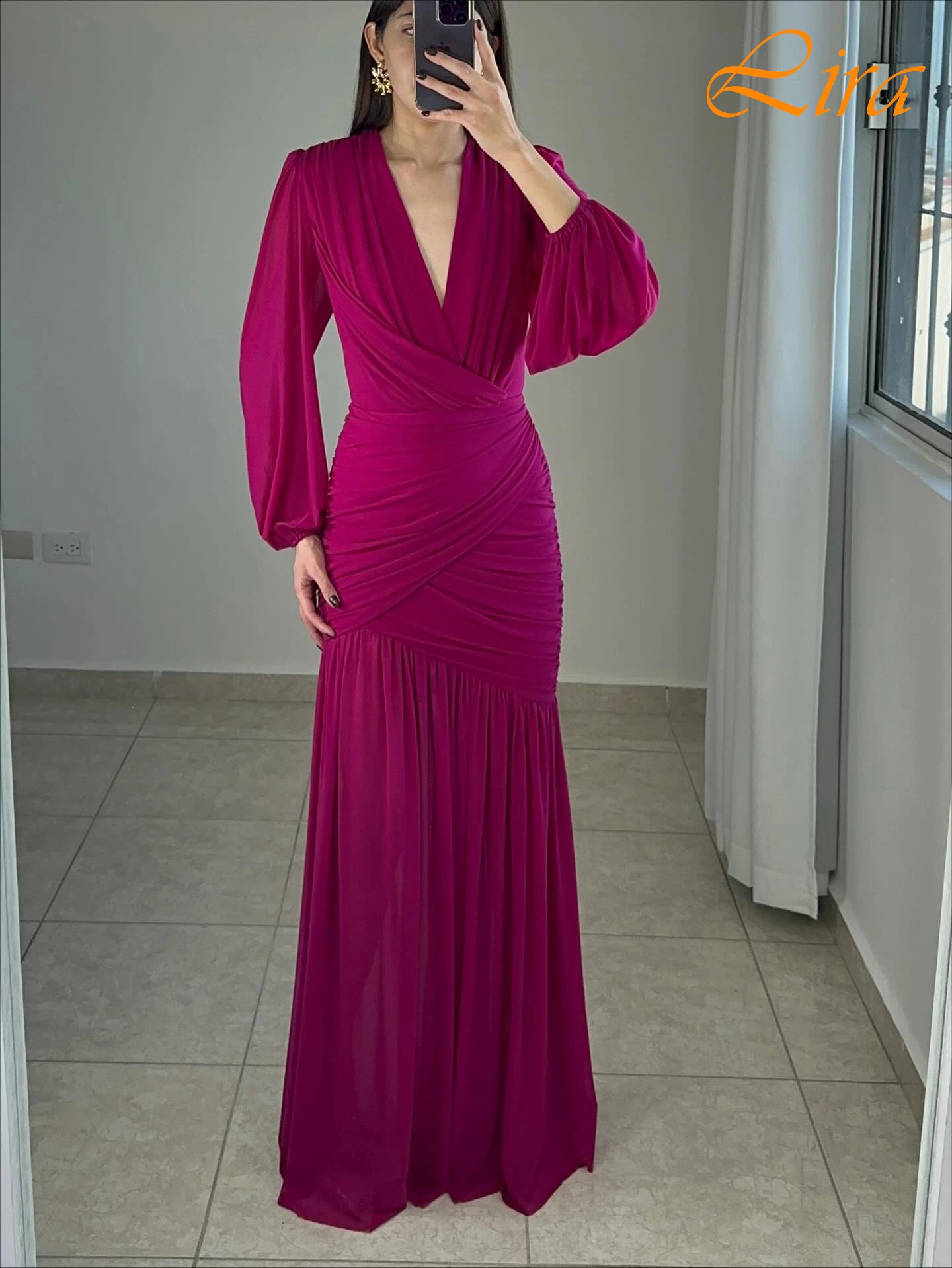 Customized Straight V-Neck Long Sleeves Elegant Temperament Evening Dress Delicate Bespoke Occasion Gowns Fashion Prom Dress